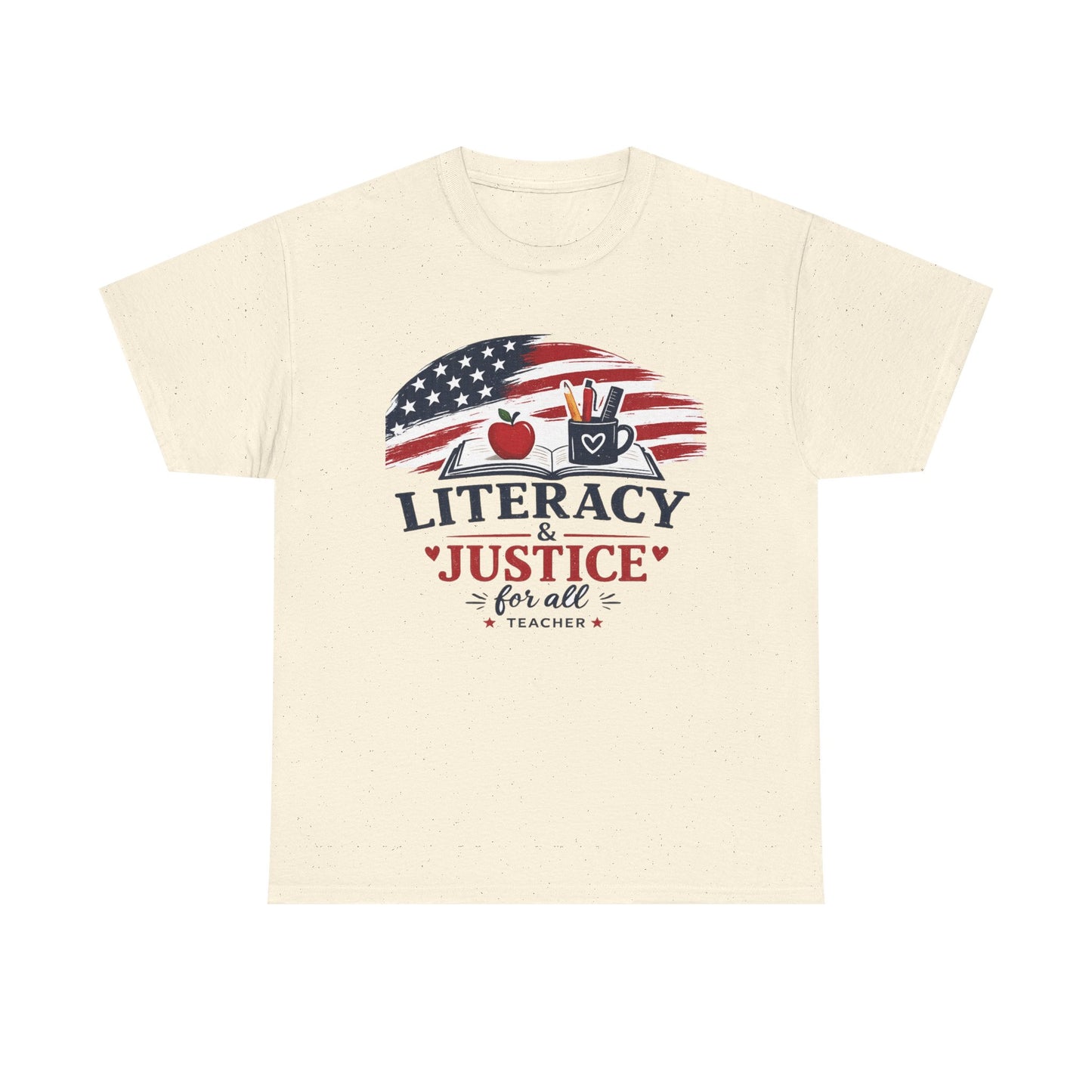 Teacher T-Shirt - "Literacy & Justice for All" Patriotic Apple & Pencil Tee