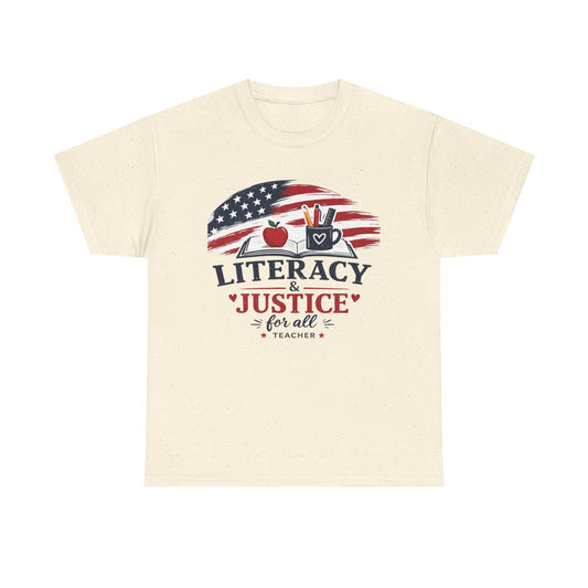 Teacher T-Shirt - "Literacy & Justice for All" Patriotic Apple & Pencil Tee